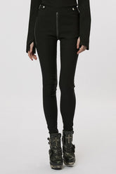 Black Slim Silver Chain Metal Rivets Women's Steampunk Military Leggings